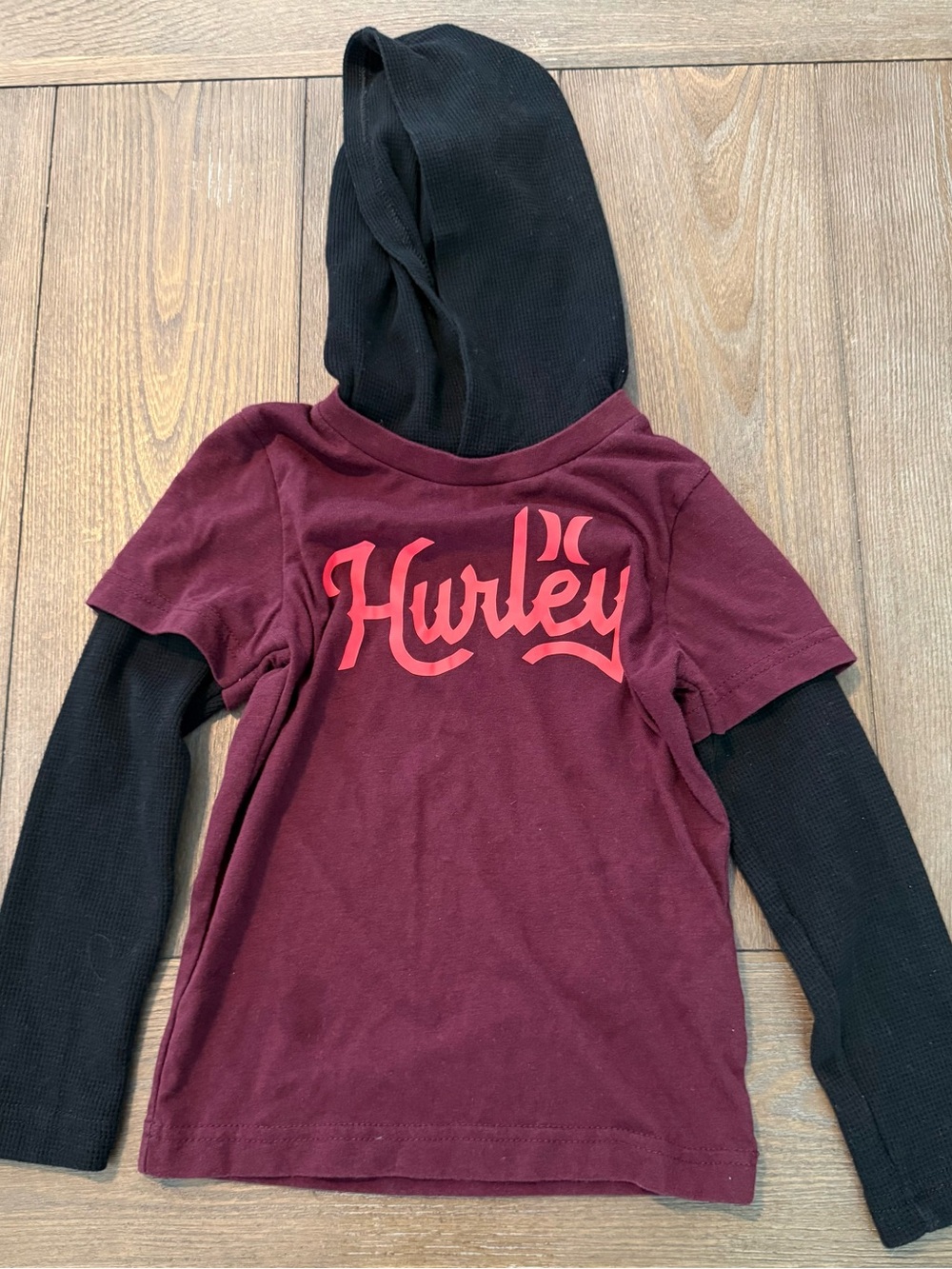 Toddler Boy’s Hurley Maroon and Black Layered Hoodie Tee with Red Logo